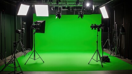 Professional film studio setup with green screen and cinematic lighting equipment