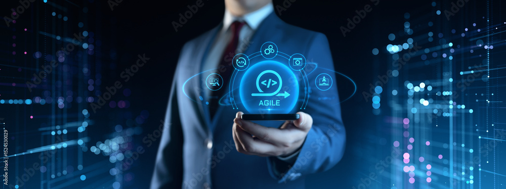 Poster businessman holding smartphone with agile development icons on screen. software development concept
