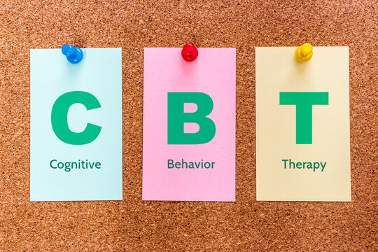 Conceptual 3 letters keyword CBT (Cognitive Behavioral Therapy), on multicolored cards attached to a cork board.
