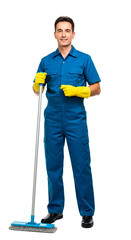 A cheerful cleaner poses, ready to start his cleaning duties.