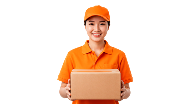 Happy Asian delivery woman holding a package, ready to deliver your order quickly.