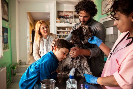 Family with their pet dog at a veterinary clinic talking with a veterinarian