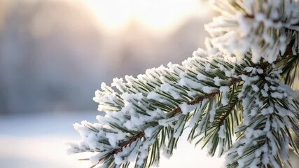 Close-up of frosted evergreen tree branch on a bright sunny winter day with snow in the background, showcasing the delicate ice crystals - Powered by Adobe