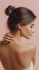 Fototapeta premium beautiful woman massaging her neck, pastel tones, minimal aesthetic, healthy glowing skin