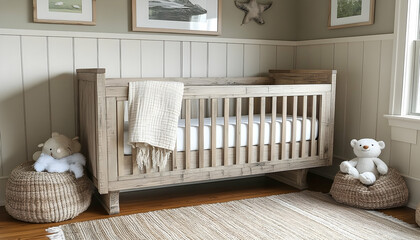 A neutral, serene nursery with a wood crib, woven poufs, and framed artwork creates a cozy, minimalist aesthetic