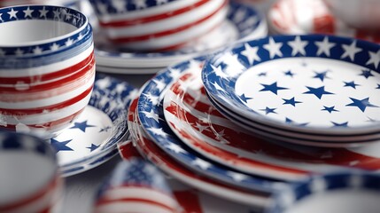 Fototapeta premium Patriotic american flag dinnerware plates and cups for fourth of july party table setting decor ideas