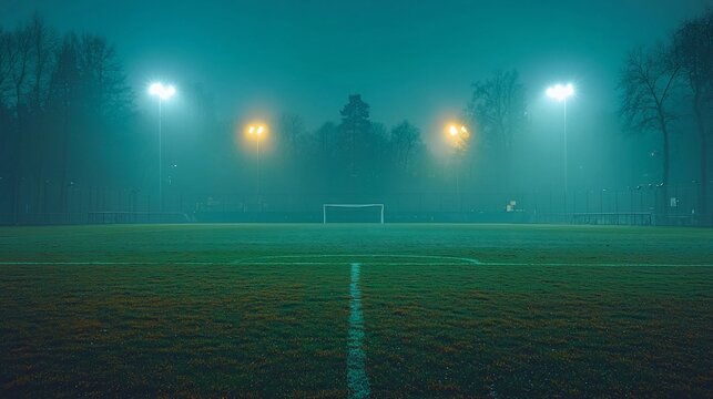 Foggy night scene at a soccer field, illuminated by bright stadium lights.  Goal post is visible in distance