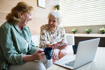 Senior lesbian couple laughing while video calling on a laptop at home