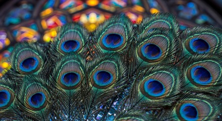 Obraz premium Stunning close-up of peacock feathers with iridescent eyespots and mirrored geometric patterns. Luxurious, vibrant, and artistic.