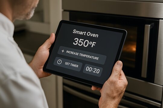 Home cook sets smart oven temperature using a tablet with digital interface. Concept of smart home cooking and kitchen technology. - Powered by Adobe