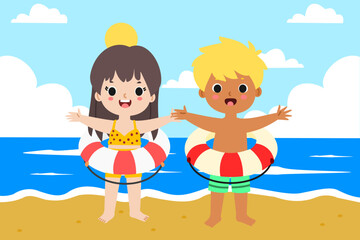 Kids playing with swim rings on the beach vector illustration
