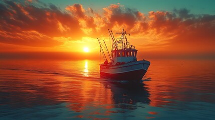 Obraz premium Fishing boat at sunset on the water