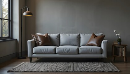 Comfortable living room interior with modern sofa and decor