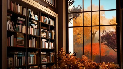 Cozy library interior with bookshelves filled with books, big window overlooking colorful trees in the autumn season, and wooden ladder - Powered by Adobe