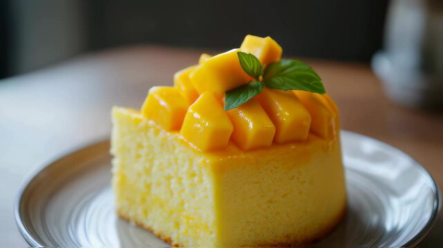 Succulent mango sponge cake rotation with fresh mint garnish in elegant dining setting