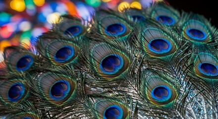 Obraz premium Stunning close-up of peacock feathers with iridescent eyespots and mirrored geometric patterns. Luxurious, vibrant, and artistic.