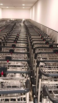 An endless, neat row of metal carts for luggage and shopping, stacked in a pile inside the room.
