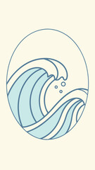 Minimalist illustration of ocean wave in circular frame with pastel blue colors
