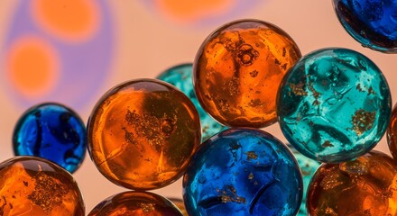 Vibrant close-up of glossy glass marbles in shades of orange and blue, with internal sparkling textures. Playful, colorful, and abstract.