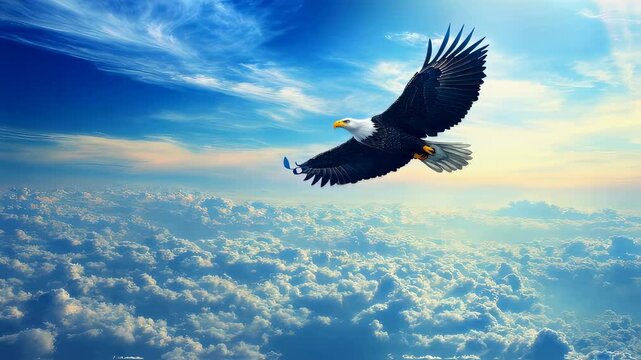 Majestic eagle soaring through vibrant sky over expansive cloudscape at sunset
