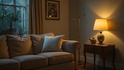 Cozy Living Room Interior with Warm Lighting and Comfortable Couch