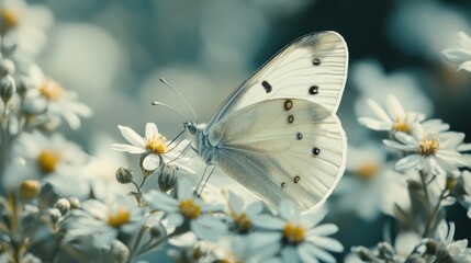 Obraz premium Captivating close-up featuring a delicate butterfly sipping nectar from white daisies