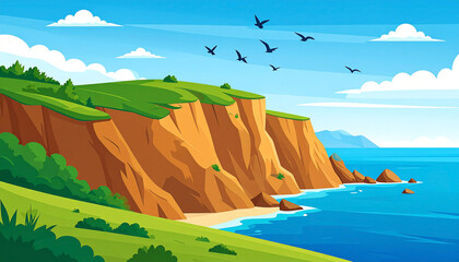Lush green hills descend to dramatic red cliffs overlooking a tranquil blue ocean; birds fly overhead under a sunny sky