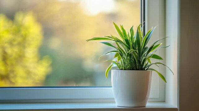 Potted plant on sunny windowsill with bright outdoors in golden hour glow