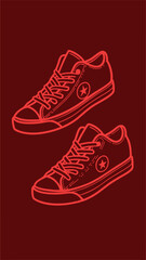 Neon red silhouette design featuring two stylish sneakers on a deep red backdrop