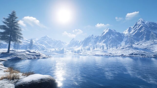 Idyllic winter landscape with snow-capped mountains and frozen lake reflecting sunlight - Powered by Adobe