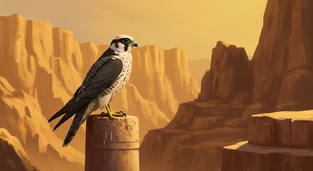 Majestic falcon, possibly an Egyptian or Eurasian Hobby, perched on a pillar with piercing green eyes, set against a dramatic desert canyon at sunset.