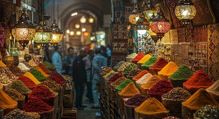 Vibrant Moroccan, Egyptian spice market with colorful mounds of spices and illuminated lanterns. A sensory feast of culture and tradition.