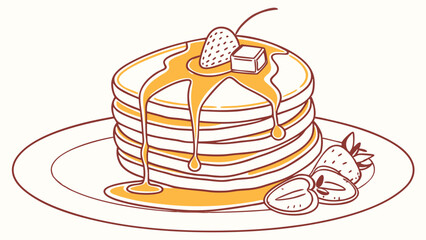Stack of Pancakes with Syrup Butter and Strawberries on a Plate