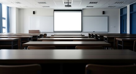 Naklejka premium Empty Classroom Ready for Learning Modern Education Space, Projectors, Whiteboard, Desks
