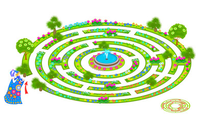 Best labyrinths. Can you help the princess find her way to the fountain in the park? Logic puzzle game for children. Brain teaser book with maze. Educational page. Kids activity sheet. Vector image.