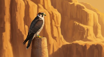 Majestic falcon, possibly an Egyptian or Eurasian Hobby, perched on a pillar with piercing green eyes, set against a dramatic desert canyon at sunset.