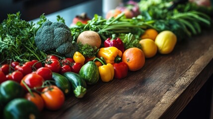 Vibrant medley: Fresh produce array on rustic wooden surface, promoting wellness