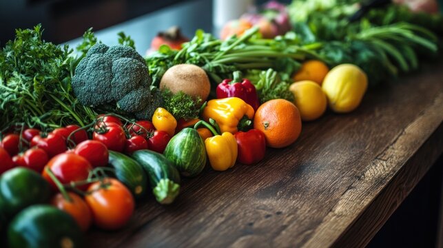 Vibrant medley: Fresh produce array on rustic wooden surface, promoting wellness