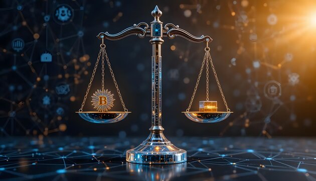 Cryptocurrency regulation concept digital scales balancing bitcoin and data