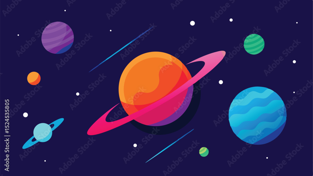 Poster stylized vector illustration of planets and comets in a gradient space design