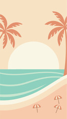 Obraz premium Summer beach illustration with palm trees and umbrellas on a transparent background