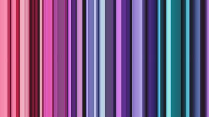 Colorful geometric background with vibrant vertical stripes of unique shapes with 3d lighting effects, depth and contrast. Bright and bold vertical lines of spatial geometry arranged randomly. Vector