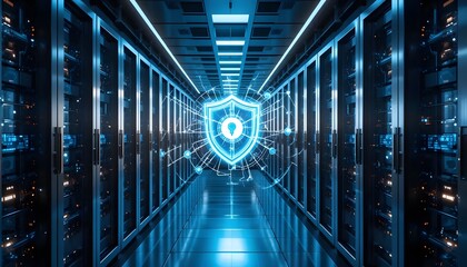Cyber security shield in server room for data protection concept