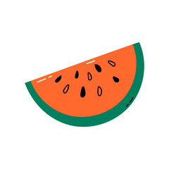 Watermelon slice with seeds, isolated vector oject, element. Simple illustration of colorful watermelon. Flat and doodle