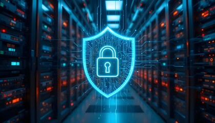 Cyber Security Shield Protecting Data in a Server Room