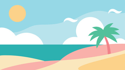 Fototapeta na wymiar Tropical beach scene illustration with palm tree sun and ocean on white background