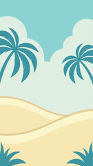 Fototapeta na wymiar Tropical beach scene illustration with palm trees sand and sky in simplified style