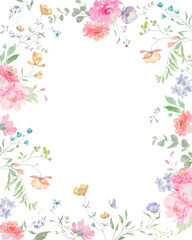 
 Watercolor floral frame with painted gentle flowers, eucalypt, herbs, butterfly. Hand-drawn floral illustration. For invitations, greeting cards. Vector EPS.
