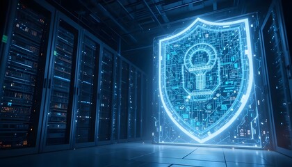 Data center security concept with digital shield for network protection