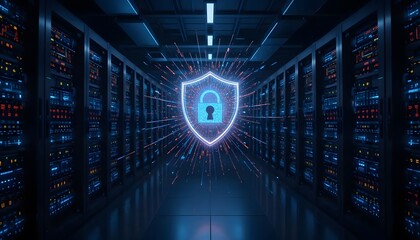 Data center security network server with padlock and shield